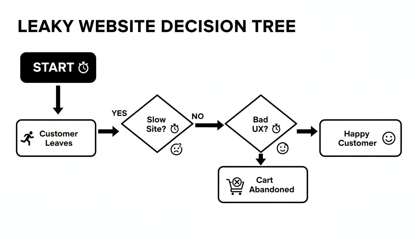 Flowchart illustrating a leaky website decision tree, showing how slow sites or bad UX lead to lost customers.