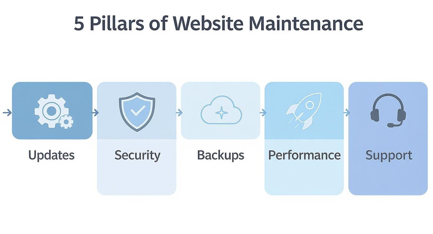 Infographic showing the 5 pillars of website maintenance: Updates, Security, Backups, Performance, and Support.