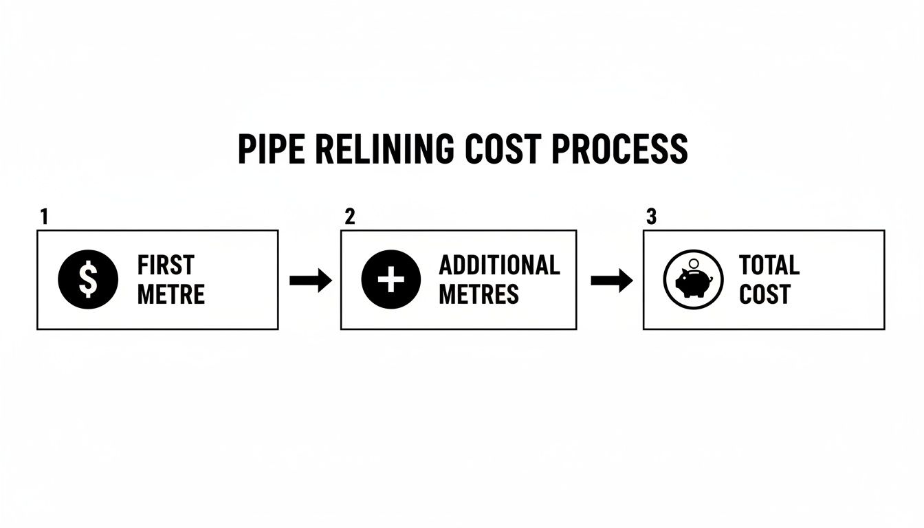 Diagram illustrating the pipe relining cost process, showing steps for the first metre, additional metres, and the total cost.