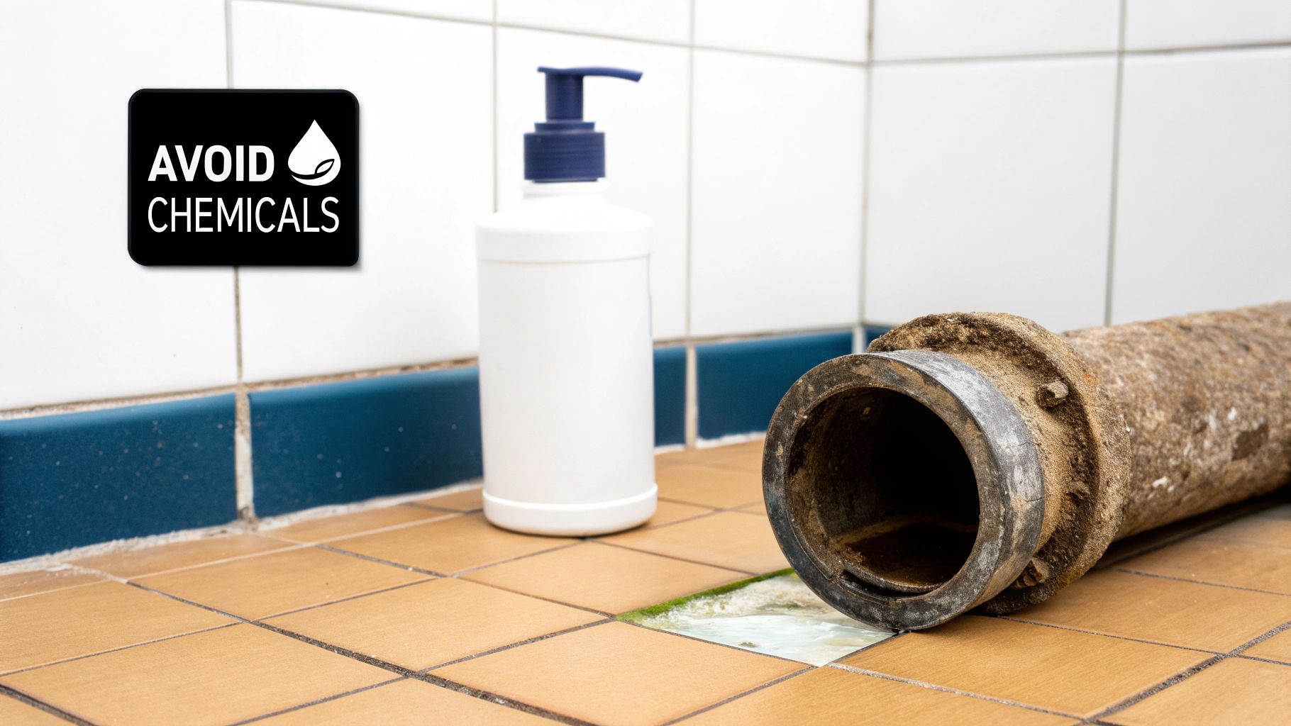 A corroded pipe, soap dispenser, and 'AVOID CHEMICALS' sign on a bathroom floor with green buildup.