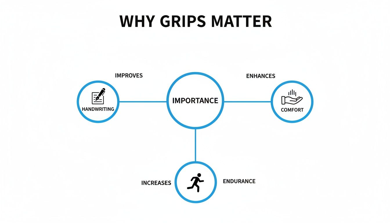 A diagram explaining why grips matter, showing they improve handwriting, enhance comfort, and increase endurance.