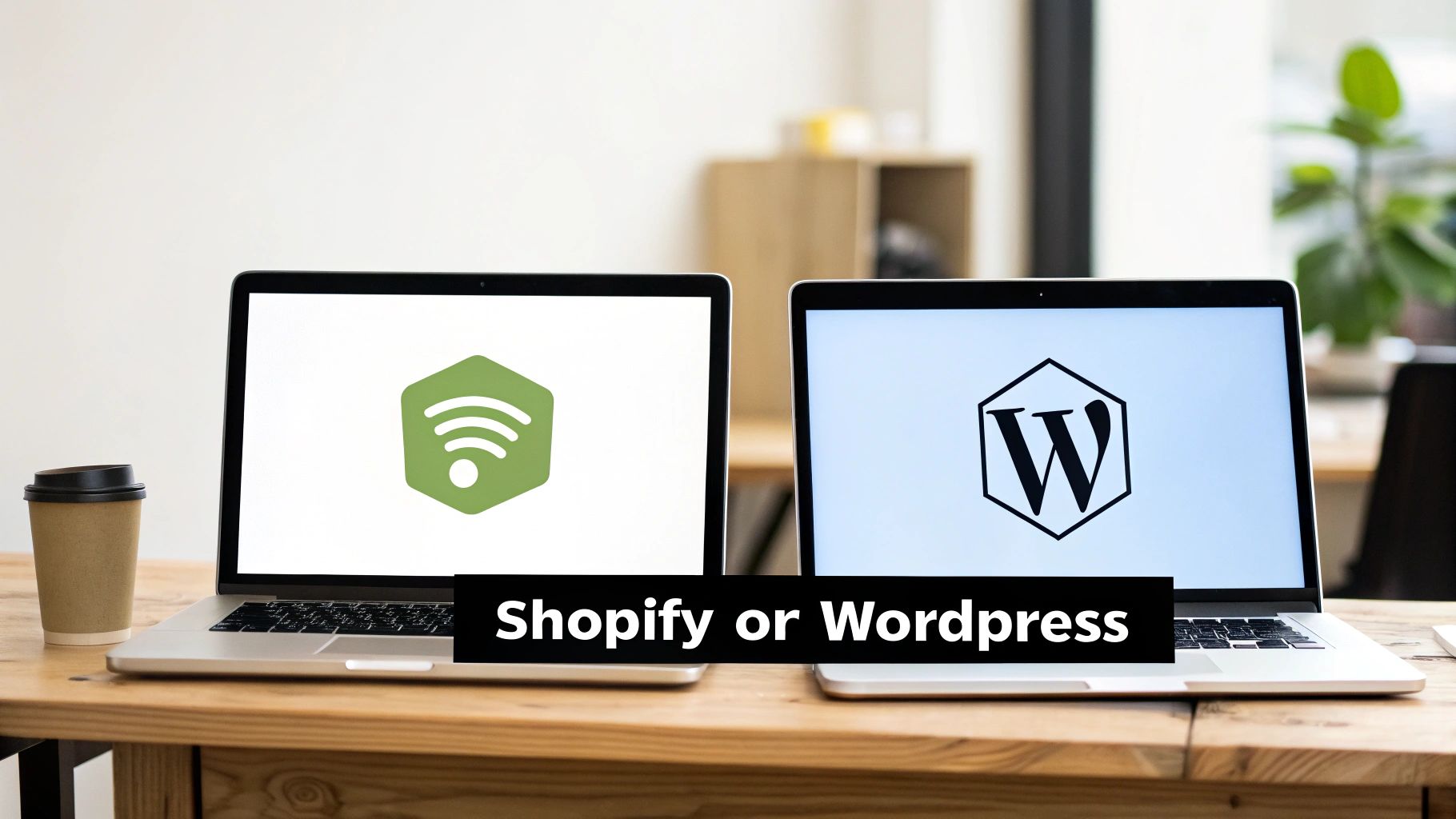 Two laptops display logos for Shopify and WordPress, comparing e-commerce web development platforms.