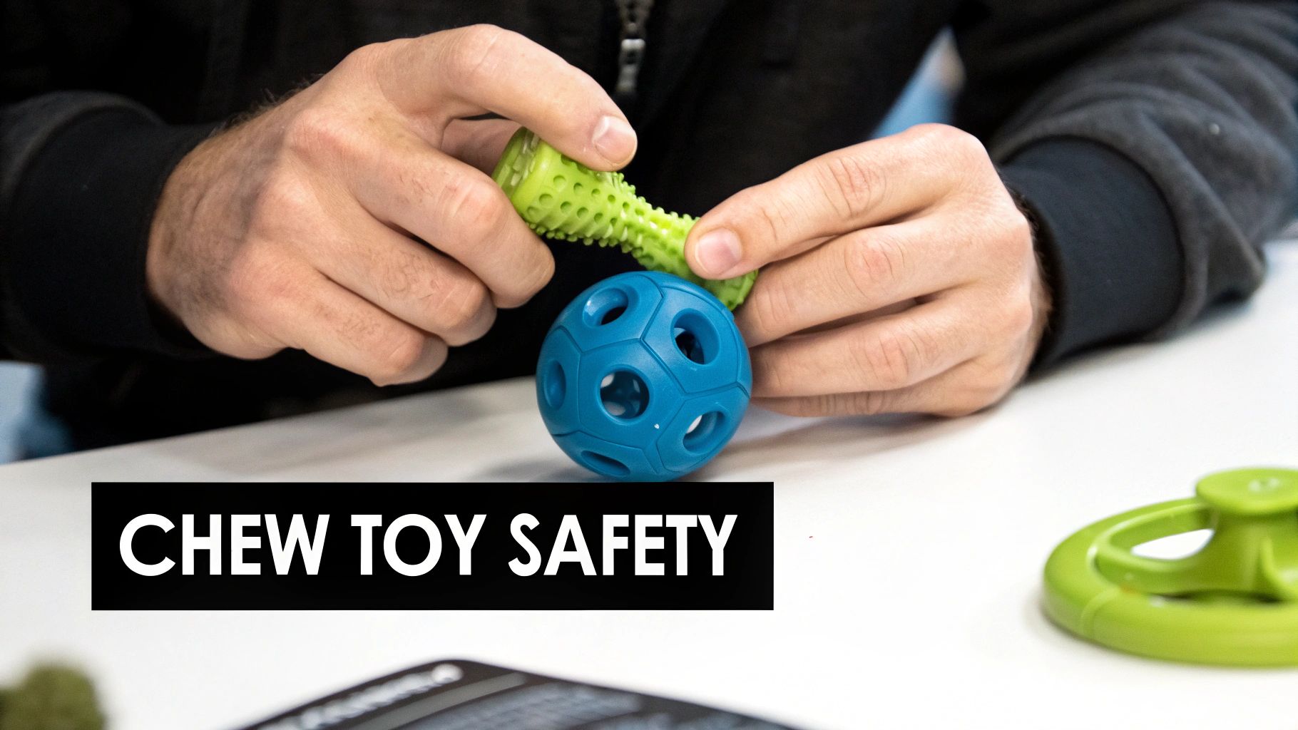 A person's hands connect a green textured chew toy with a blue hollow ball toy.
