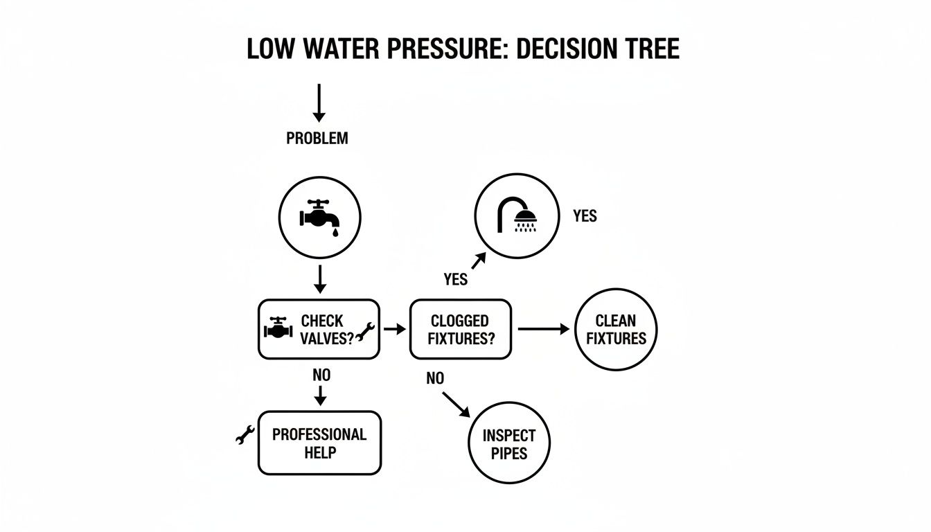 Decision tree flowchart for troubleshooting low water pressure, guiding users from problem to solutions.