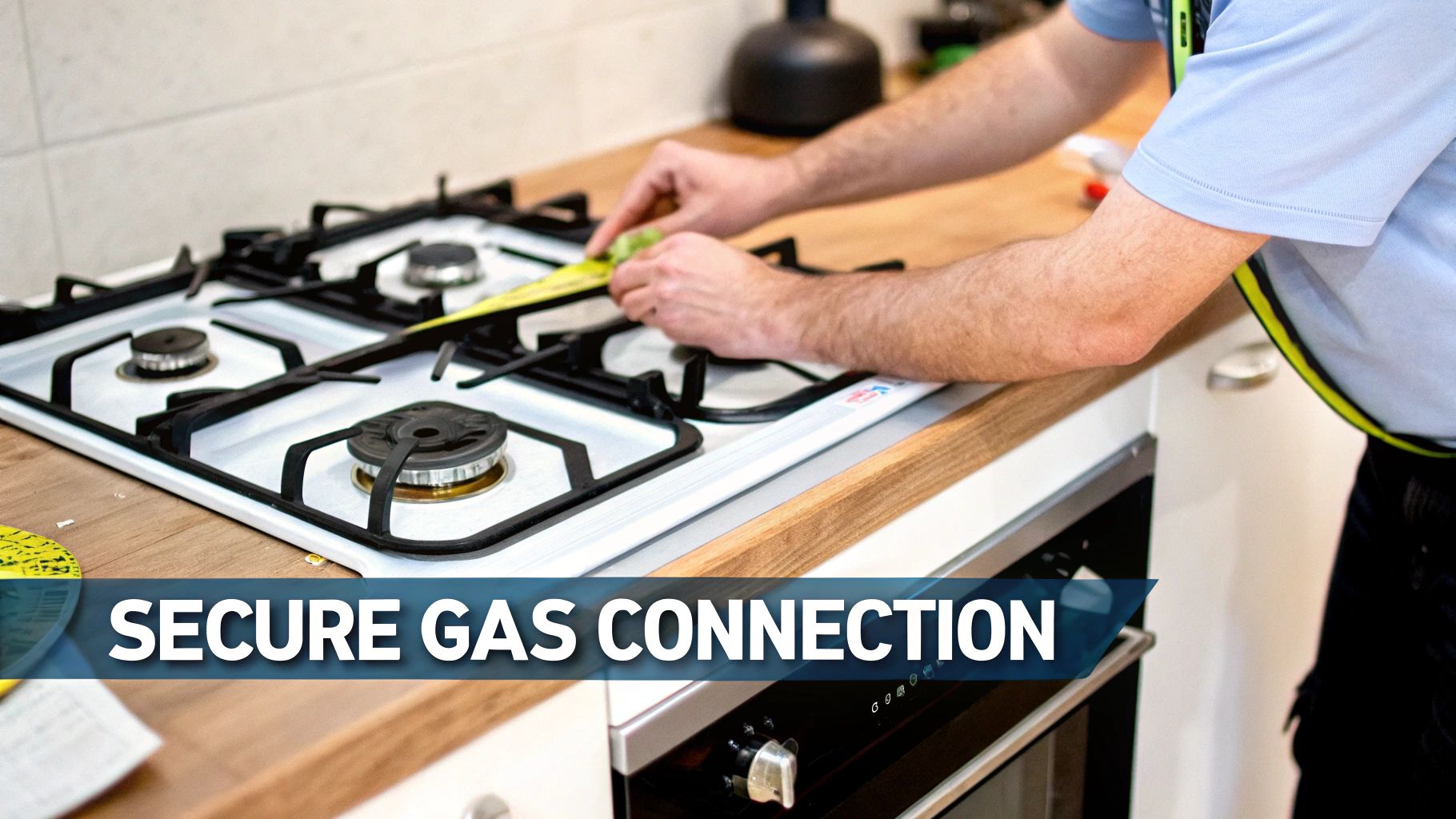 Professional technician measuring gas cooktop for secure connection installation in modern kitchen