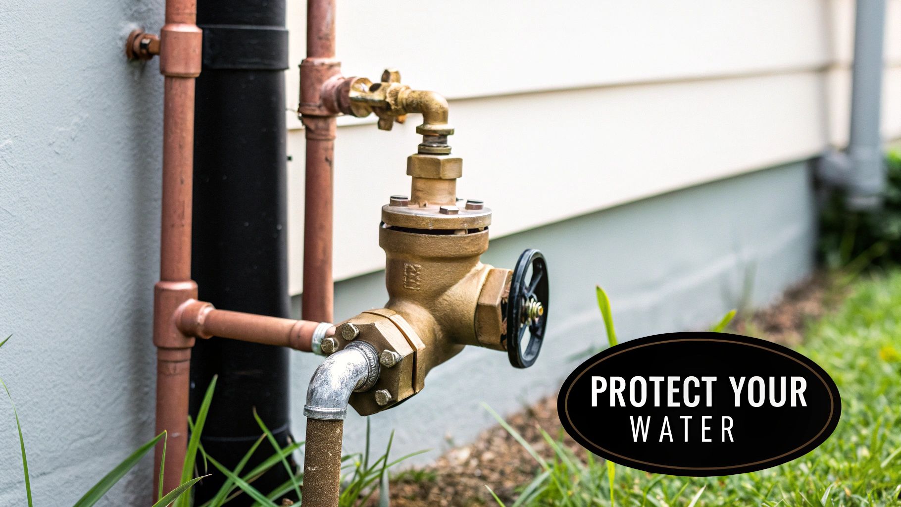 A backflow prevention valve and copper pipes are visible against a building wall, surrounded by green grass.