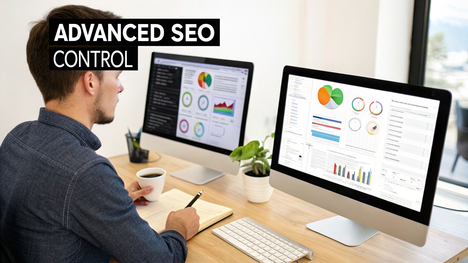 A man at a desk working on two monitors displaying advanced SEO analytics and control dashboards.