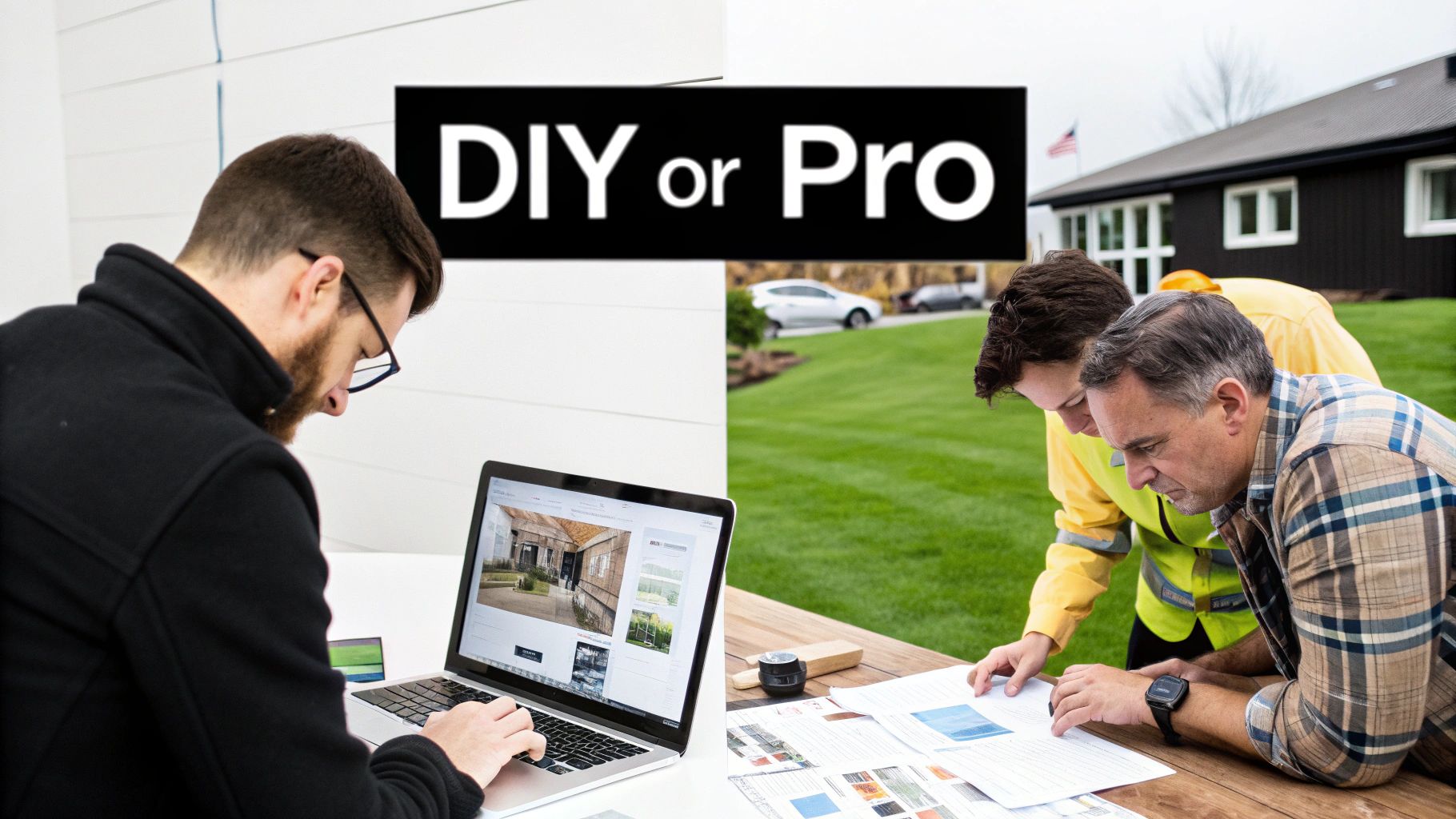 Comparing DIY vs. professional home renovation: a man on laptop and contractors reviewing plans.