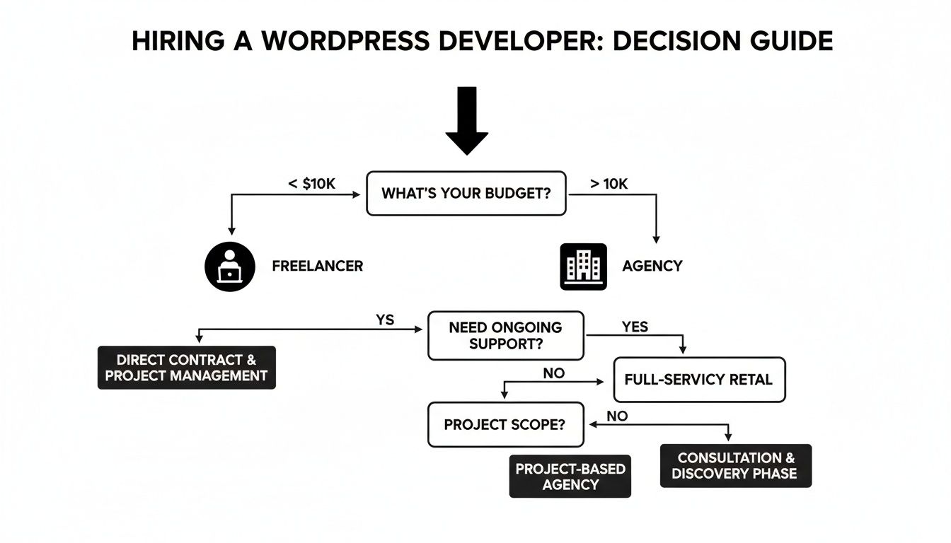 Decision guide flowchart for hiring a WordPress developer based on budget, ongoing support, and project scope.