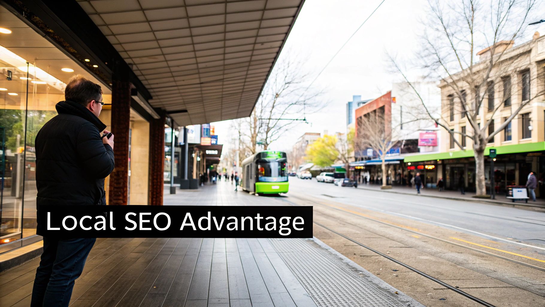 A man on a city sidewalk overlooking a street with a tram and buildings, with 'Local SEO Advantage' text.