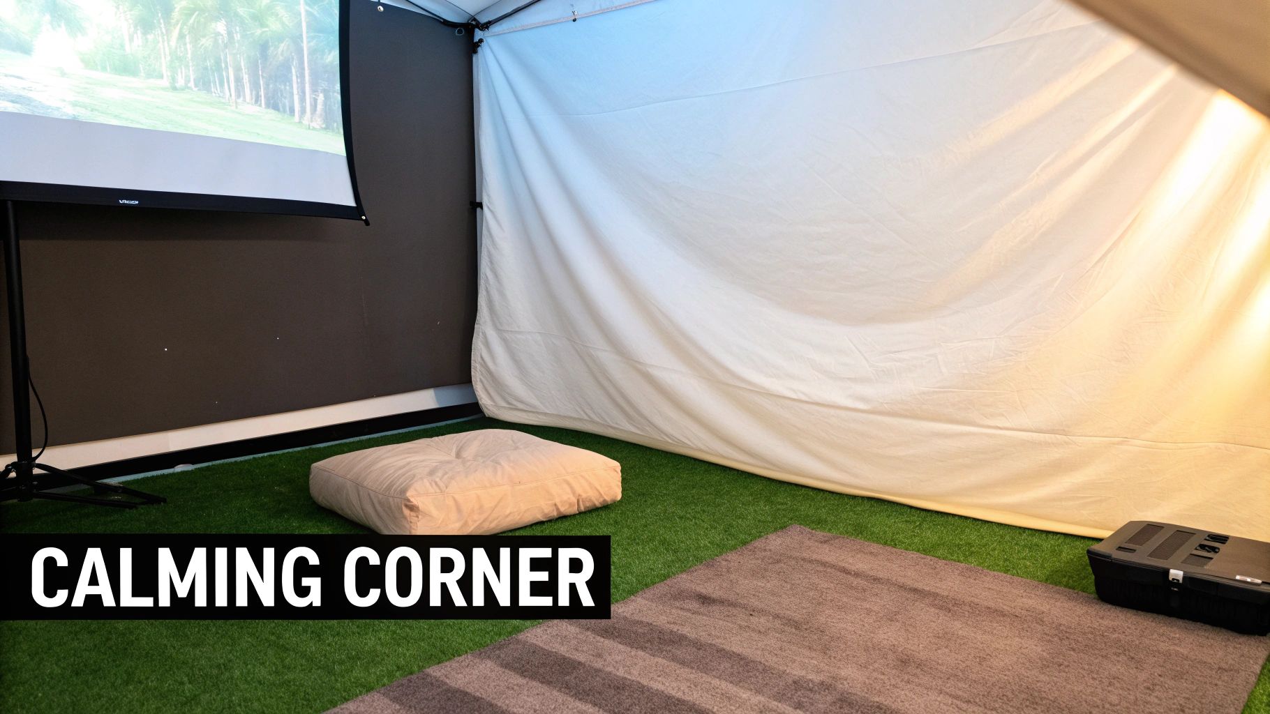 Calming corner with projector showing nature, soft cushion, and rug on green turf.