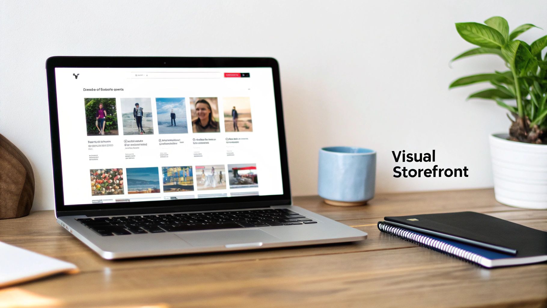 A laptop on a wooden desk displays a visual storefront with various images, next to a plant and notebooks.