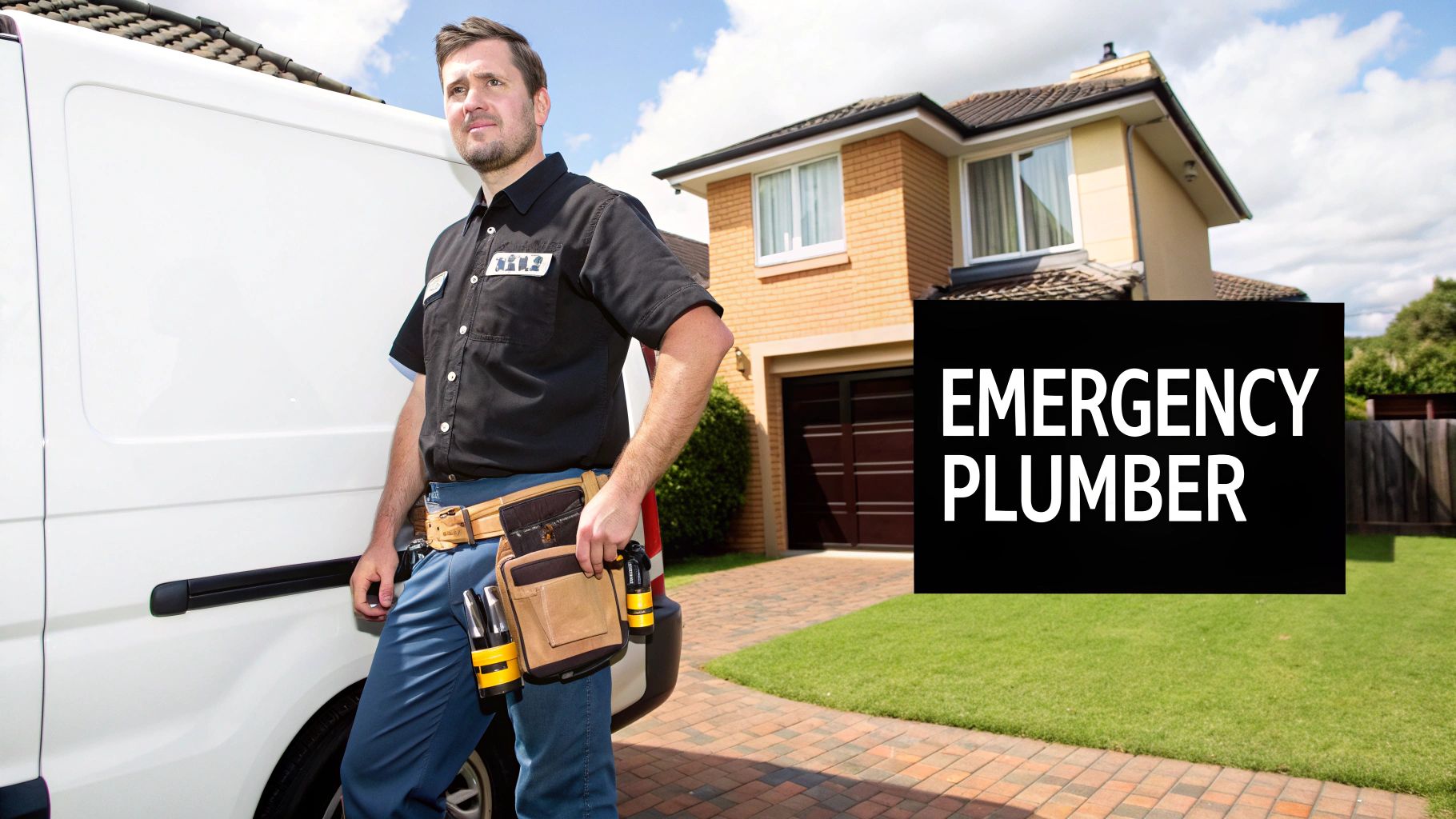 A professional emergency plumber stands with his tool belt next to a white van in front of a house.
