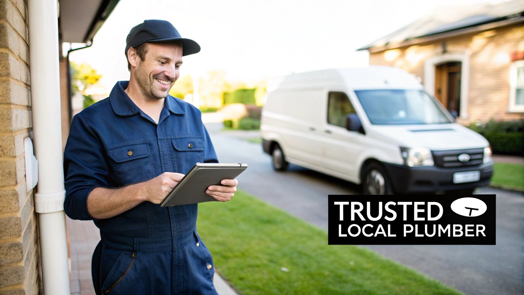 A smiling male plumber in a blue uniform and cap, holding a tablet with a work van nearby.