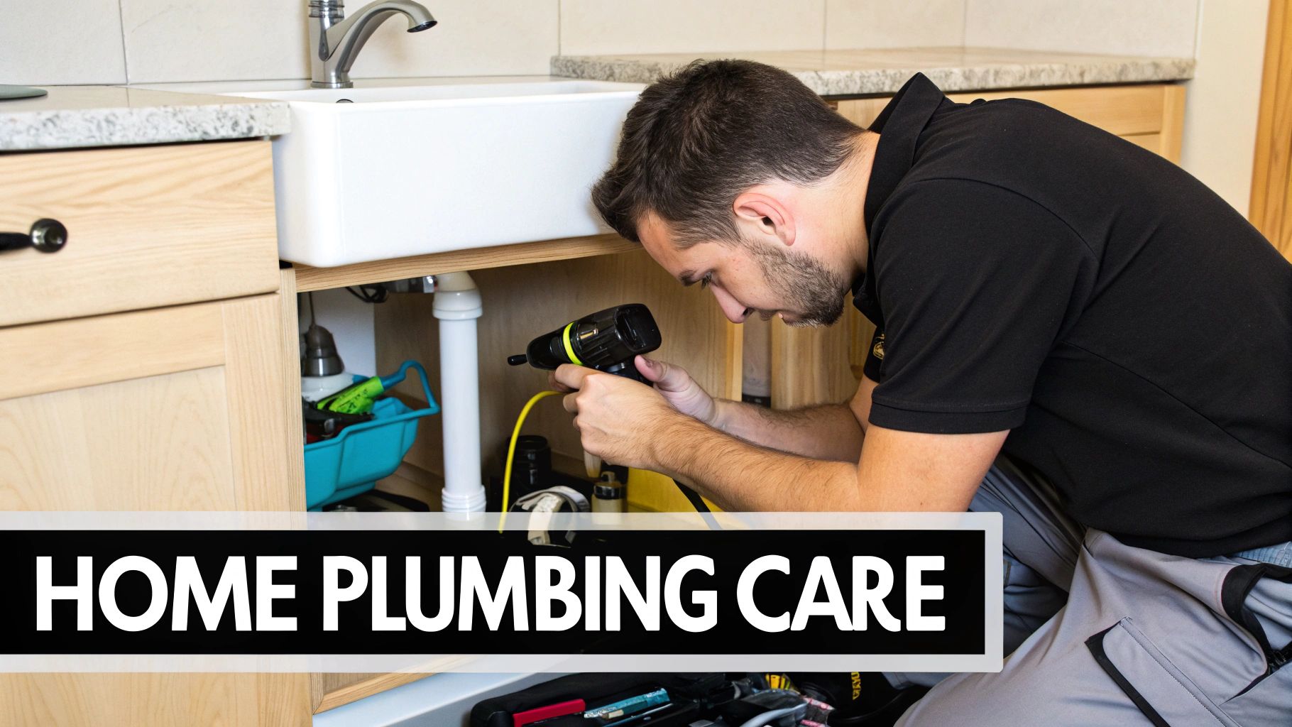 A male plumber crouches, using a power tool to work on pipes under a white kitchen sink.