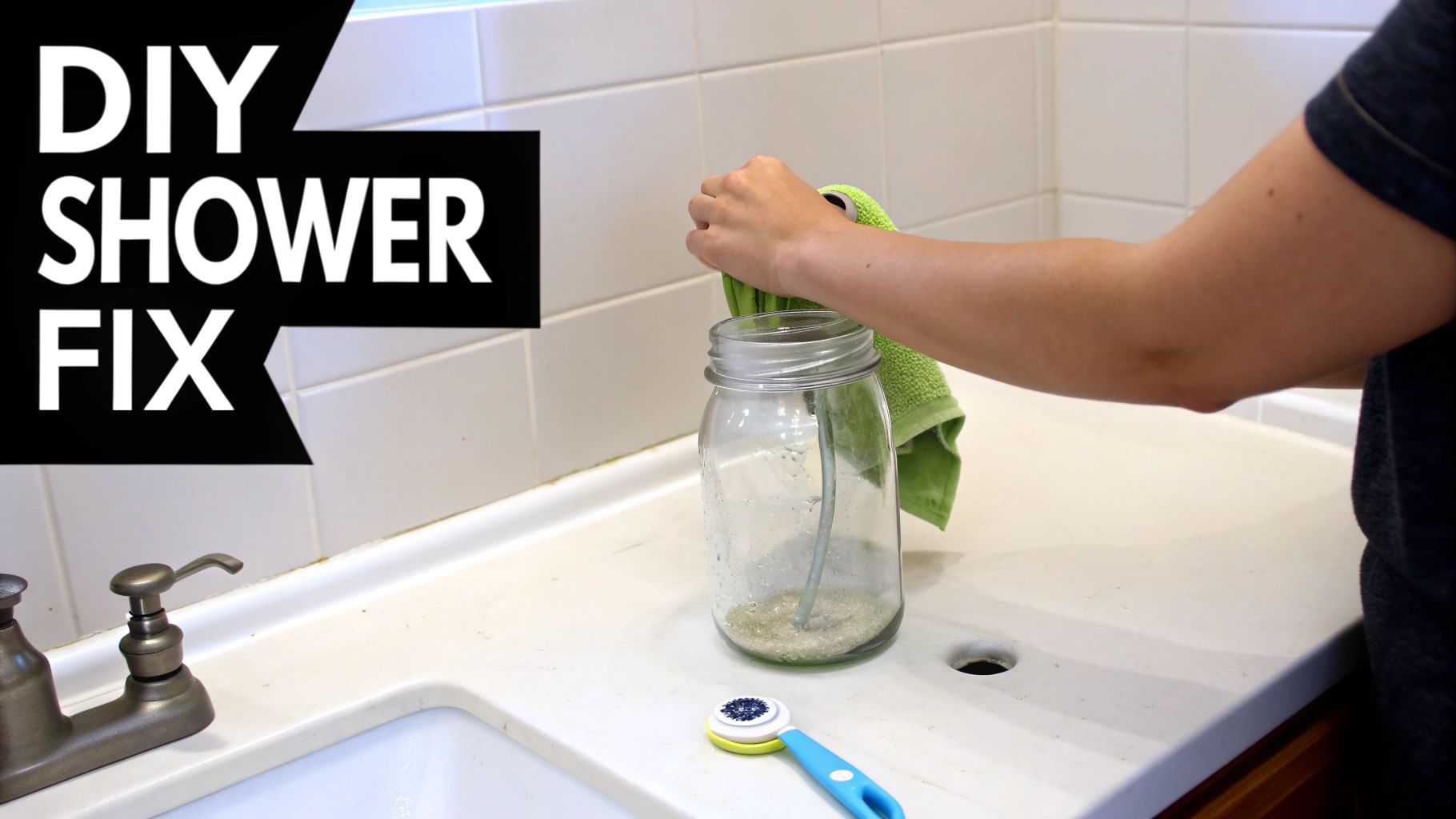 A person cleans a shower hose in a glass jar with a green towel for a DIY shower fix.