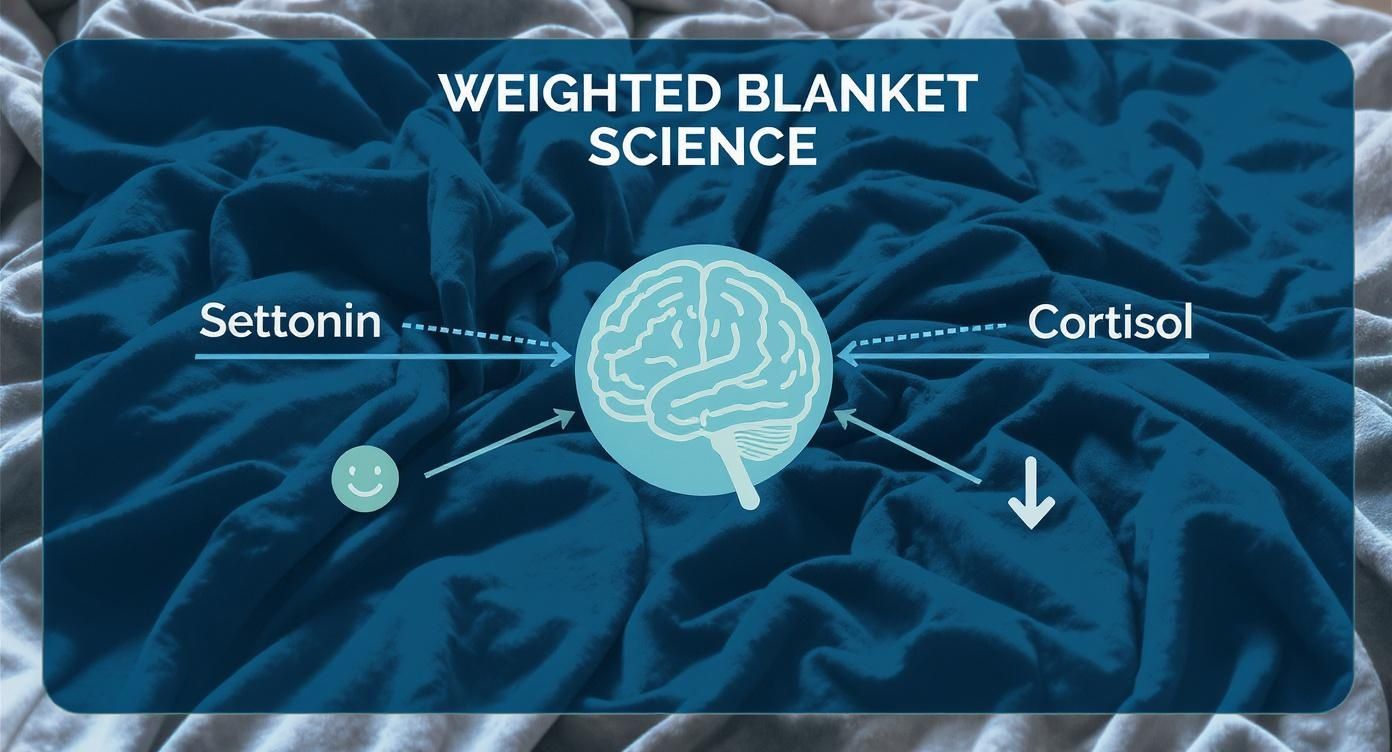 Diagram illustrating weighted blanket science: a brain increasing serotonin (happy) and decreasing cortisol (stress).