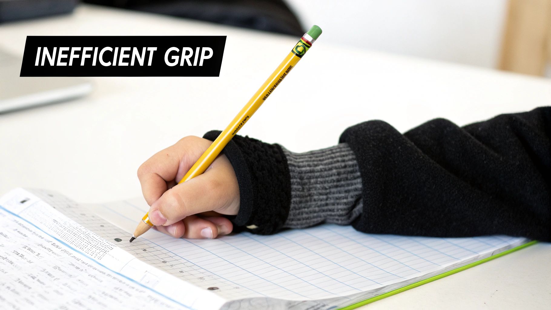 A child's hand with an inefficient grip holds a yellow pencil while writing in a grid-lined notebook.