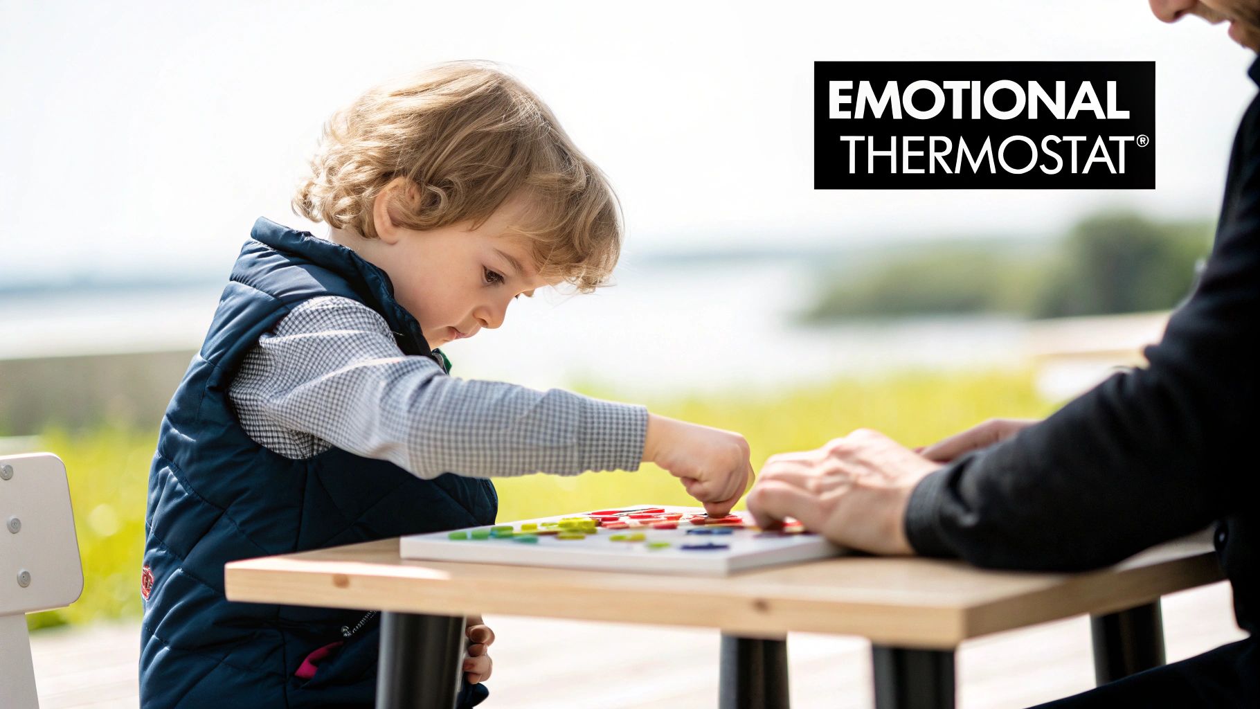 A young child and an adult concentrate on playing a colorful educational game on a wooden table outdoors.