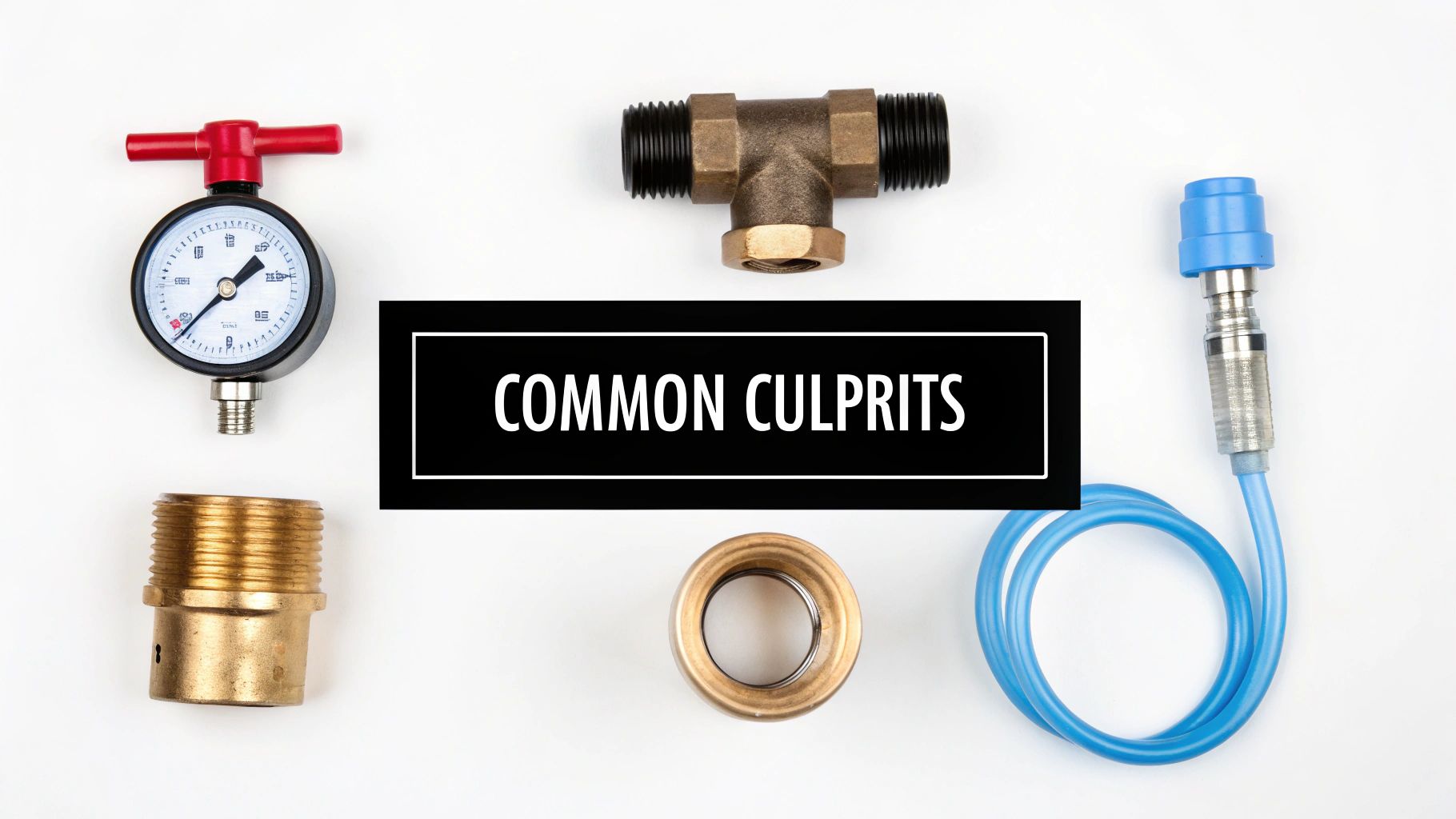 A collection of common plumbing parts, including a pressure gauge, various pipe fittings, and a hose, labeled 'COMMON CULPRITS'.