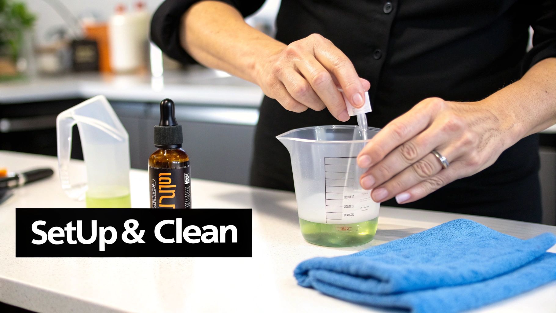 A person's hands are using a dropper to add liquid to a measuring cup with green fluid for setup or cleaning.