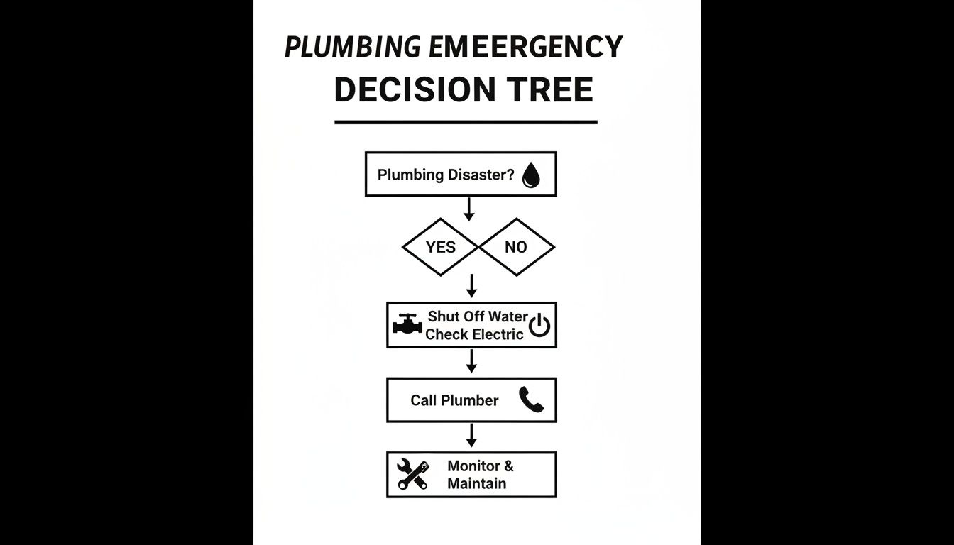 A decision tree illustrating steps to take during a plumbing emergency, including shutting off water and calling a plumber.