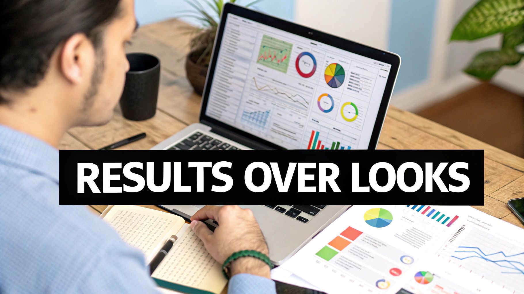 Person working on a laptop and documents displaying data analysis with 'RESULTS OVER LOOKS' text.