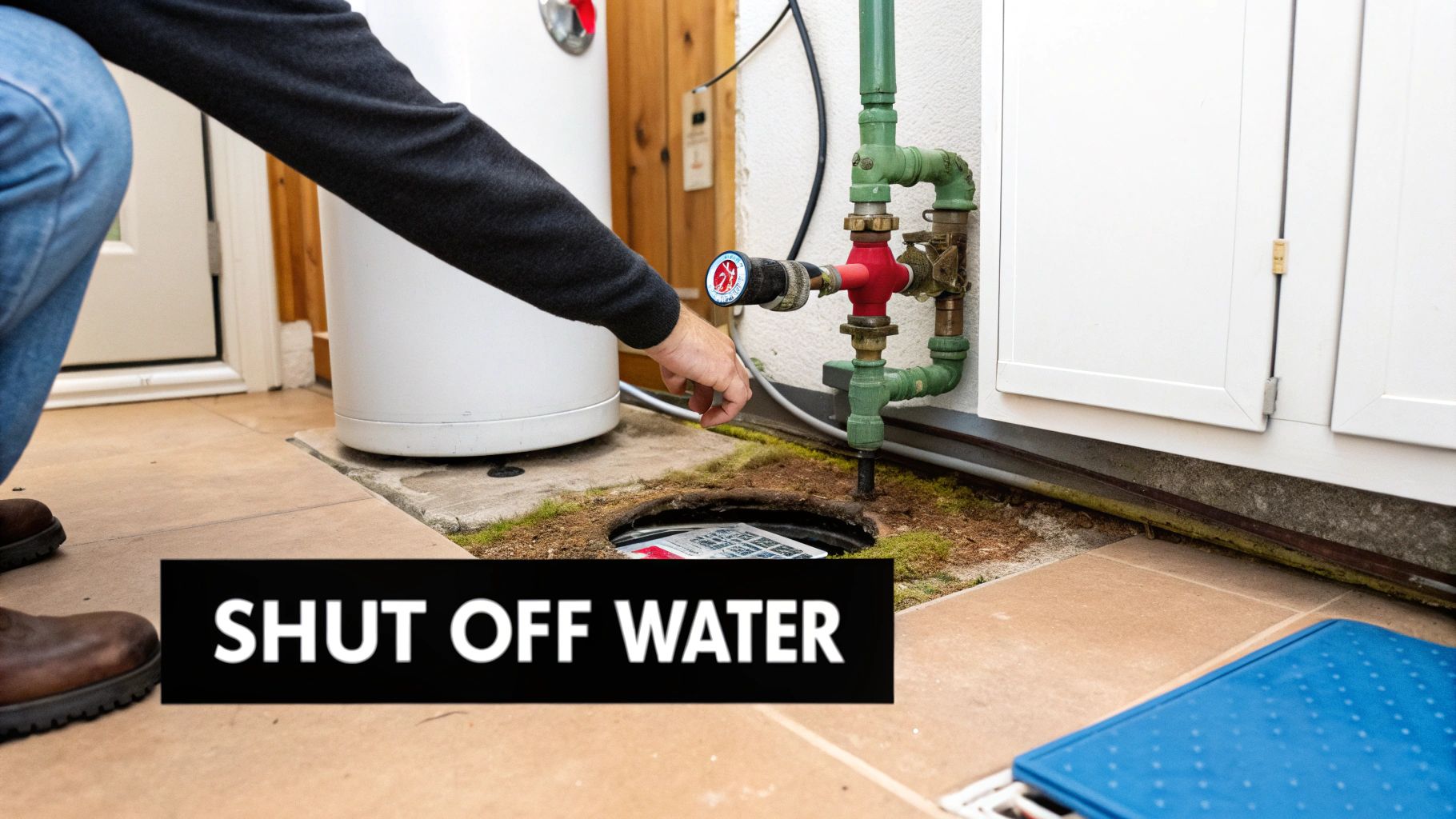 A person's hand reaching to turn a water shut-off valve near a water heater and meter.