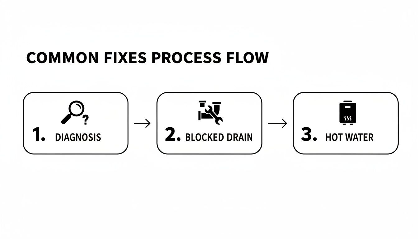 Process flow diagram illustrating common plumbing fixes, including diagnosis, blocked drains, and hot water problems.