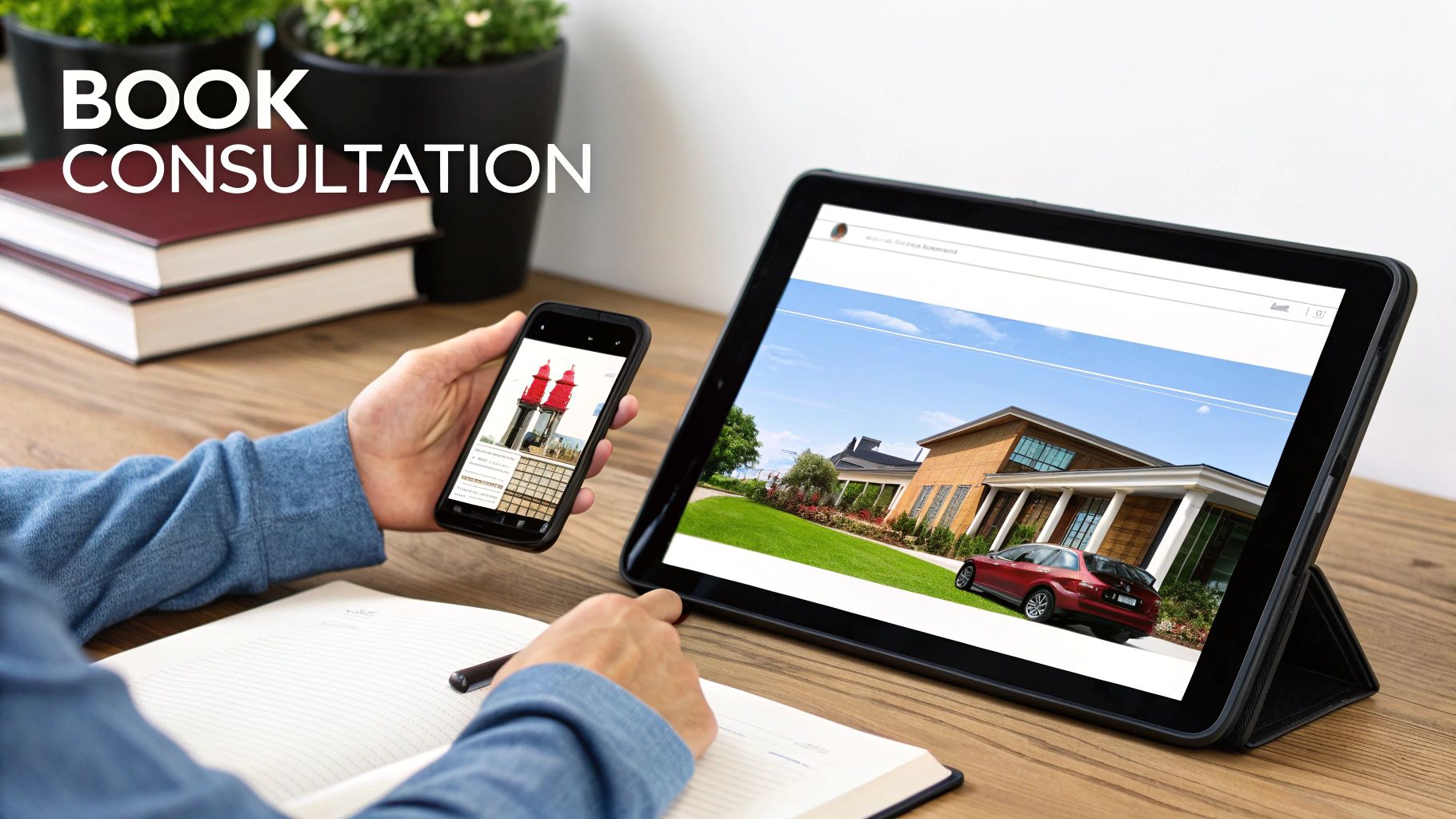 Person at a desk using a smartphone and tablet to book a consultation, with books.