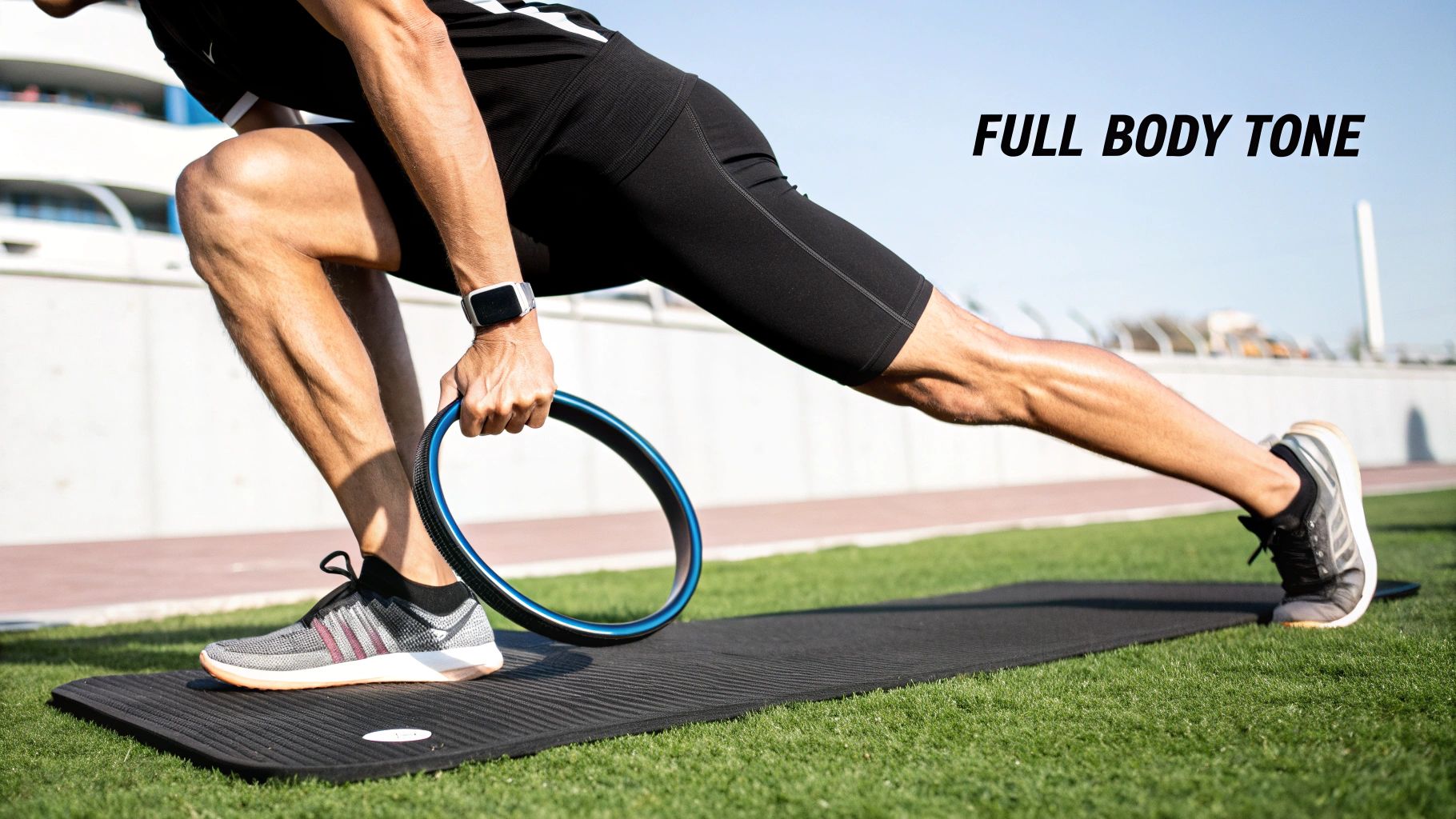 Man performing a lunge exercise with a blue pilates ring on a mat outdoors, showcasing full body tone.