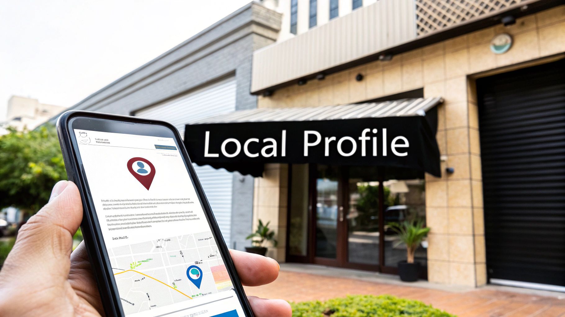 A hand holds a smartphone displaying a local business profile and map, in front of a building with a 'Local Profile' sign.