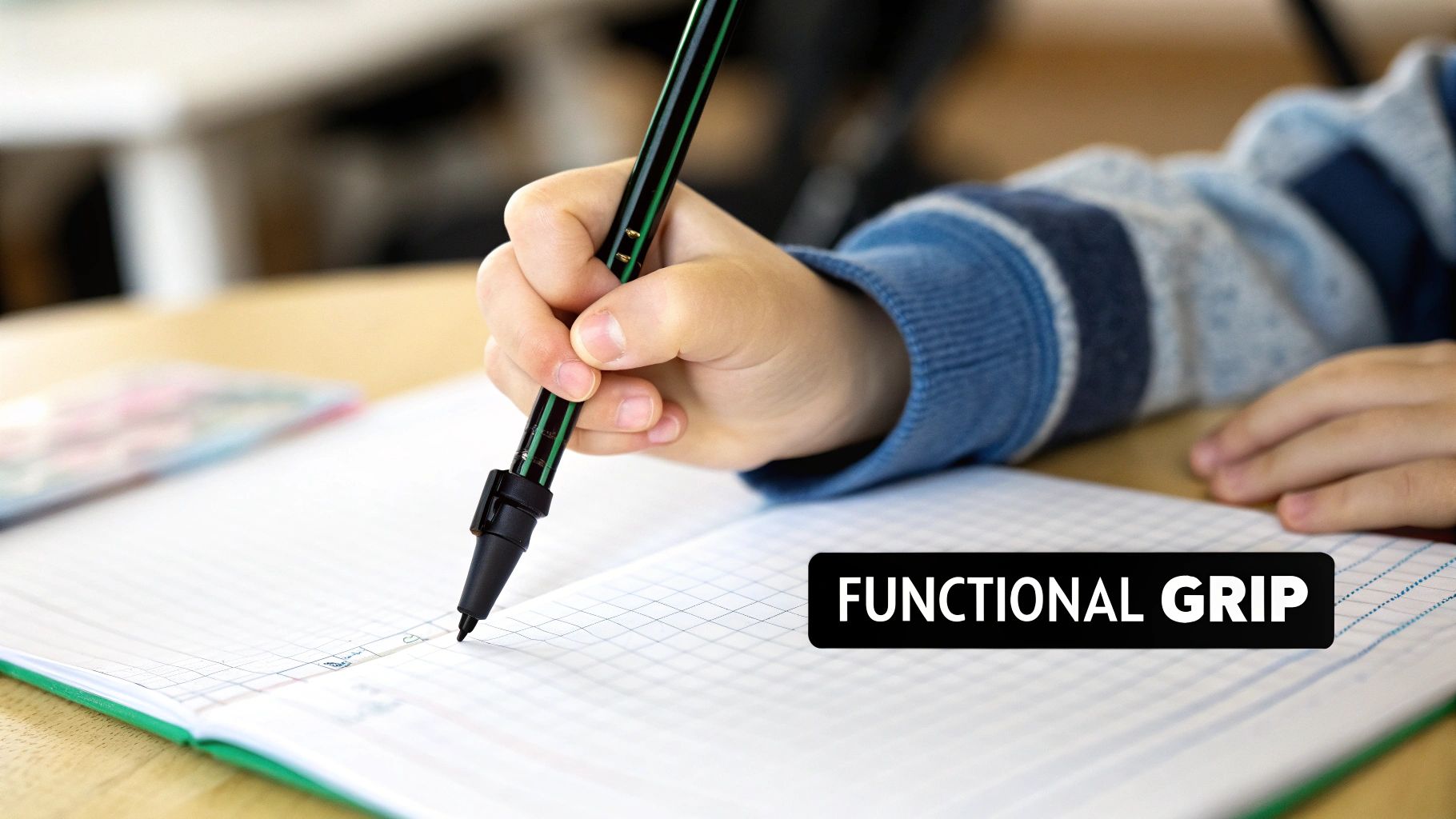 A child's hand holds a black and green pen with a functional grip, writing in a gridded notebook.