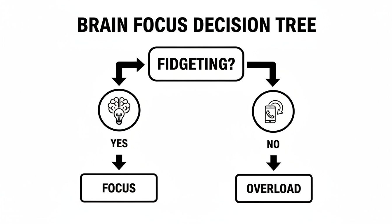 A brain focus decision tree flowchart showing fidgeting leads to focus, while no fidgeting leads to overload.
