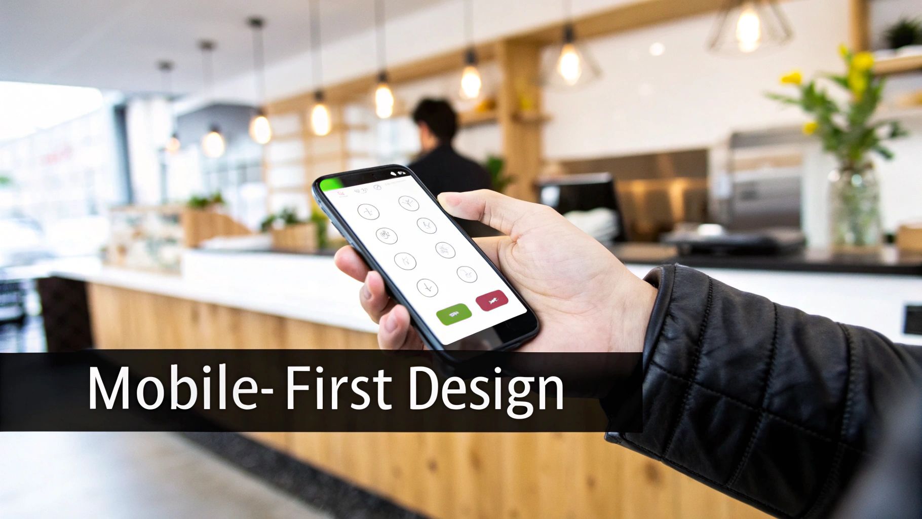 A hand holding a smartphone showing a smart home or remote control app, with 'Mobile- First Design' text.