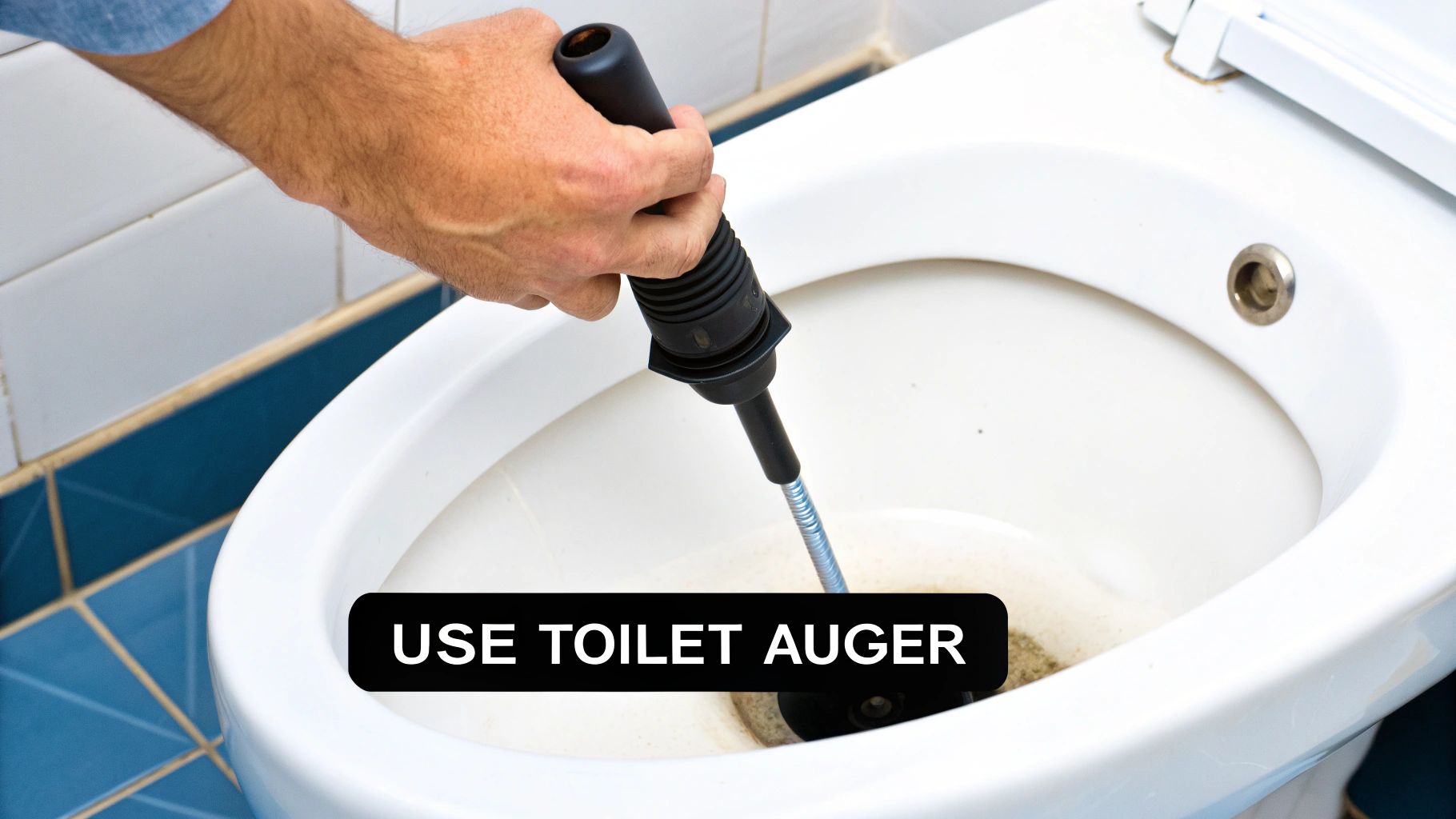 A person's hand uses a black toilet auger to clear a clog in a white toilet bowl.