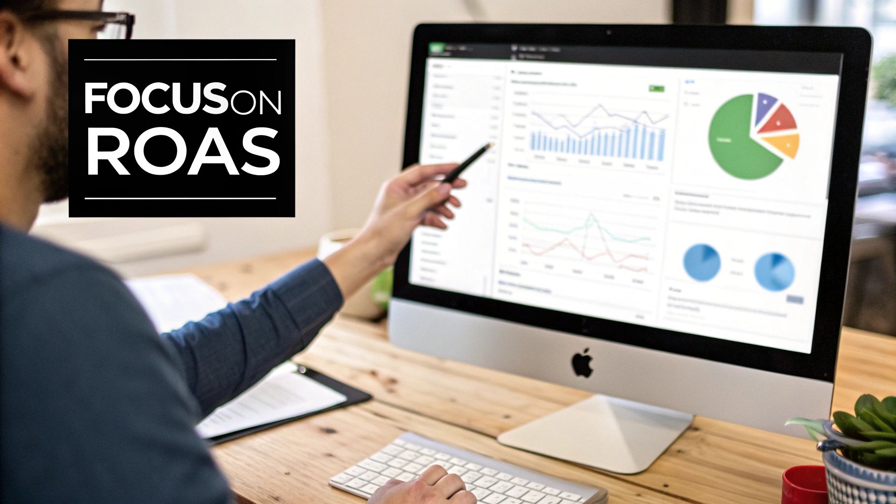A person analyzes business data and charts on a computer screen, with 'FOCUS on ROAS' overlay.