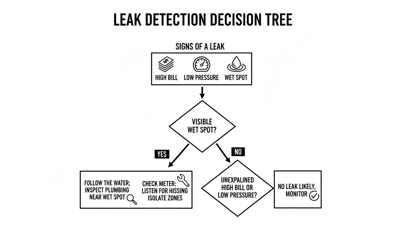 A flowchart demonstrating a leak detection decision tree based on signs like high bill, low pressure, and wet spots.