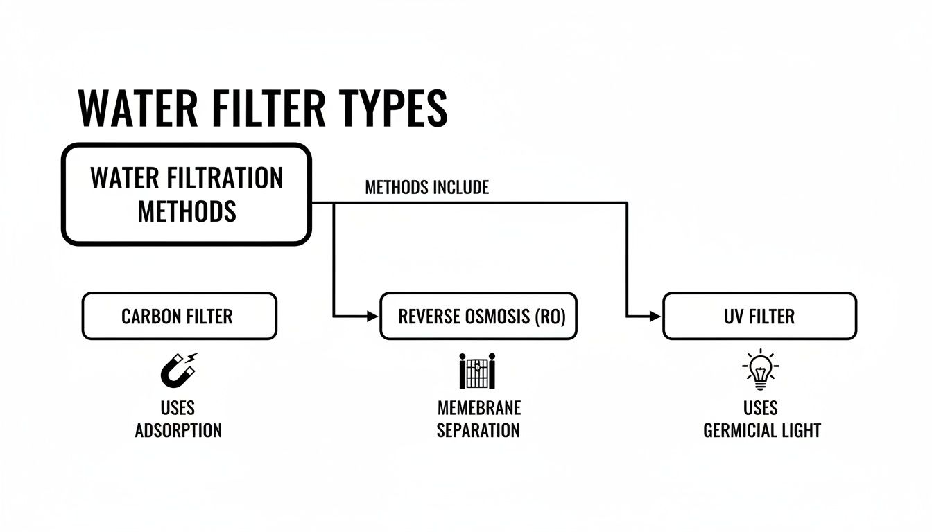 A diagram illustrating different water filter types: Carbon filter, Reverse Osmosis (RO), and UV filter.