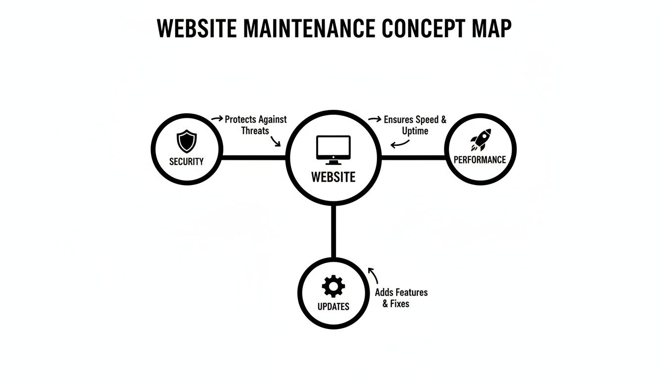 A concept map detailing website maintenance, highlighting security, performance, and updates for optimal function.