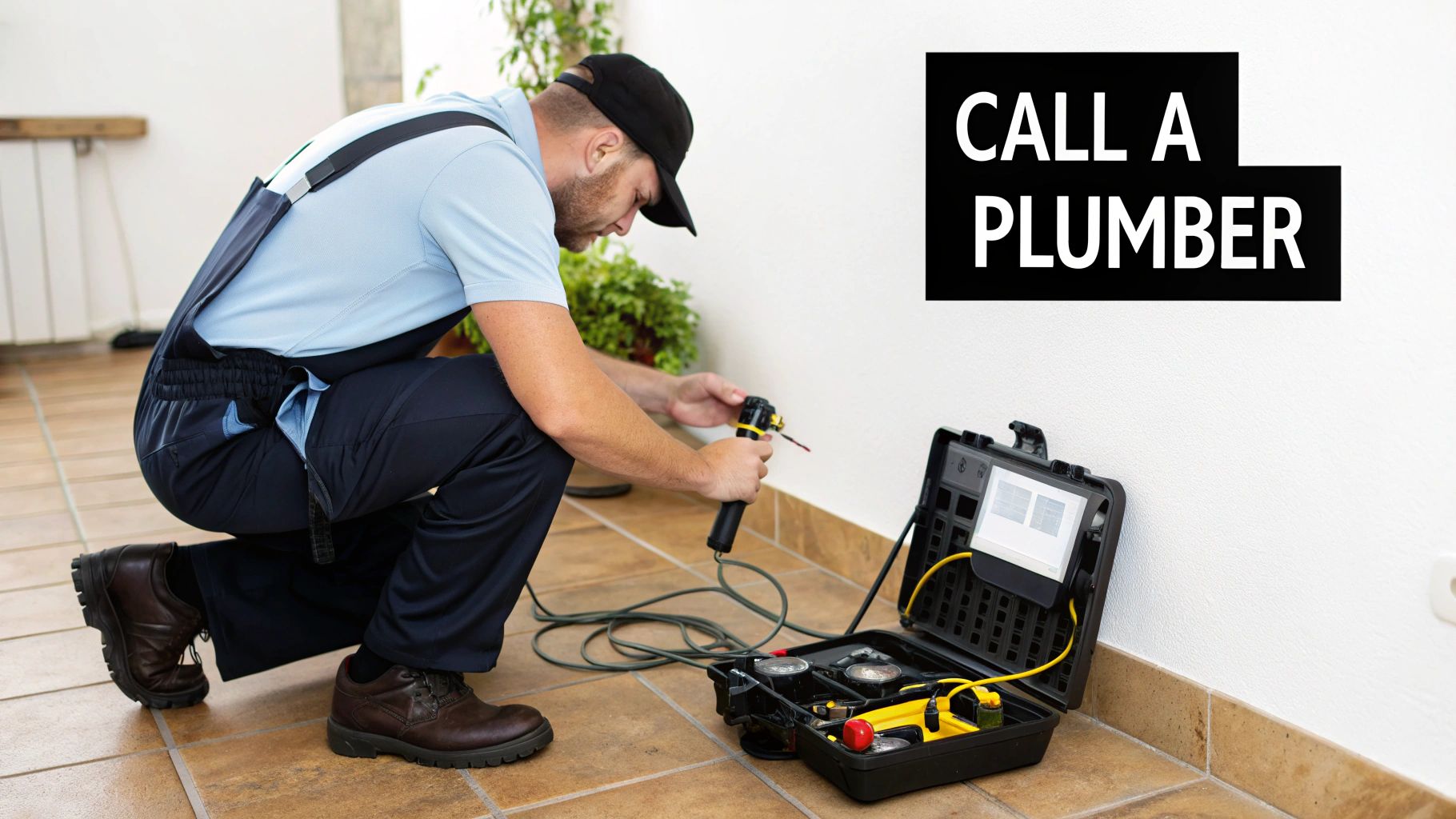 A plumber in uniform inspects an area near a wall with specialized tools from his kit.