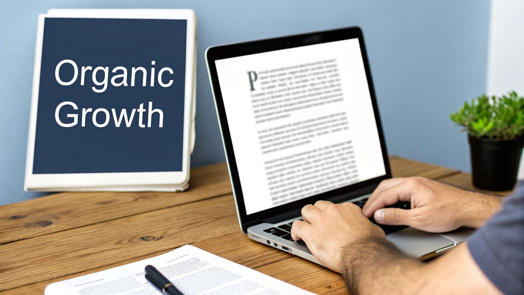 A person typing on a laptop, with a tablet displaying 'Organic Growth' next to a document and a plant.