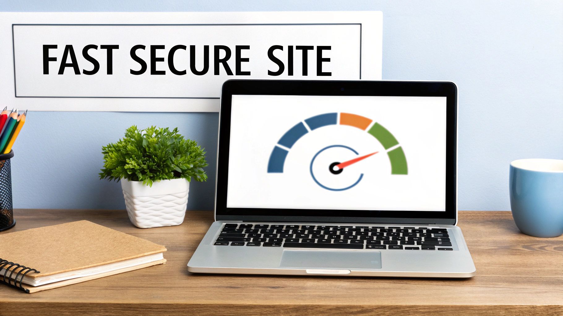 A laptop displaying a speed gauge, with a sign reading 'FAST SECURE SITE' on a desk.