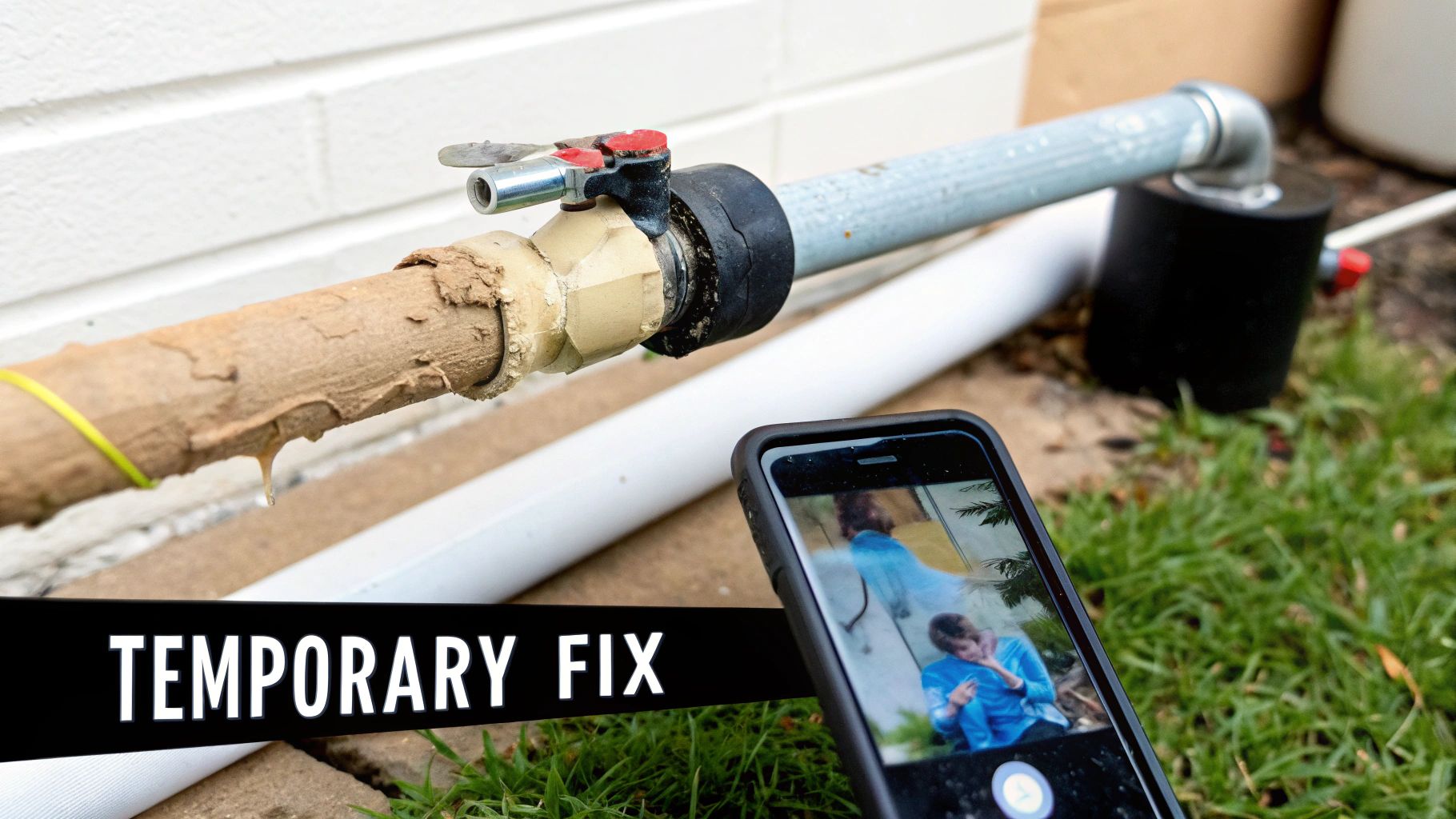 A leaking outdoor water pipe with a temporary fix, being photographed by a smartphone.