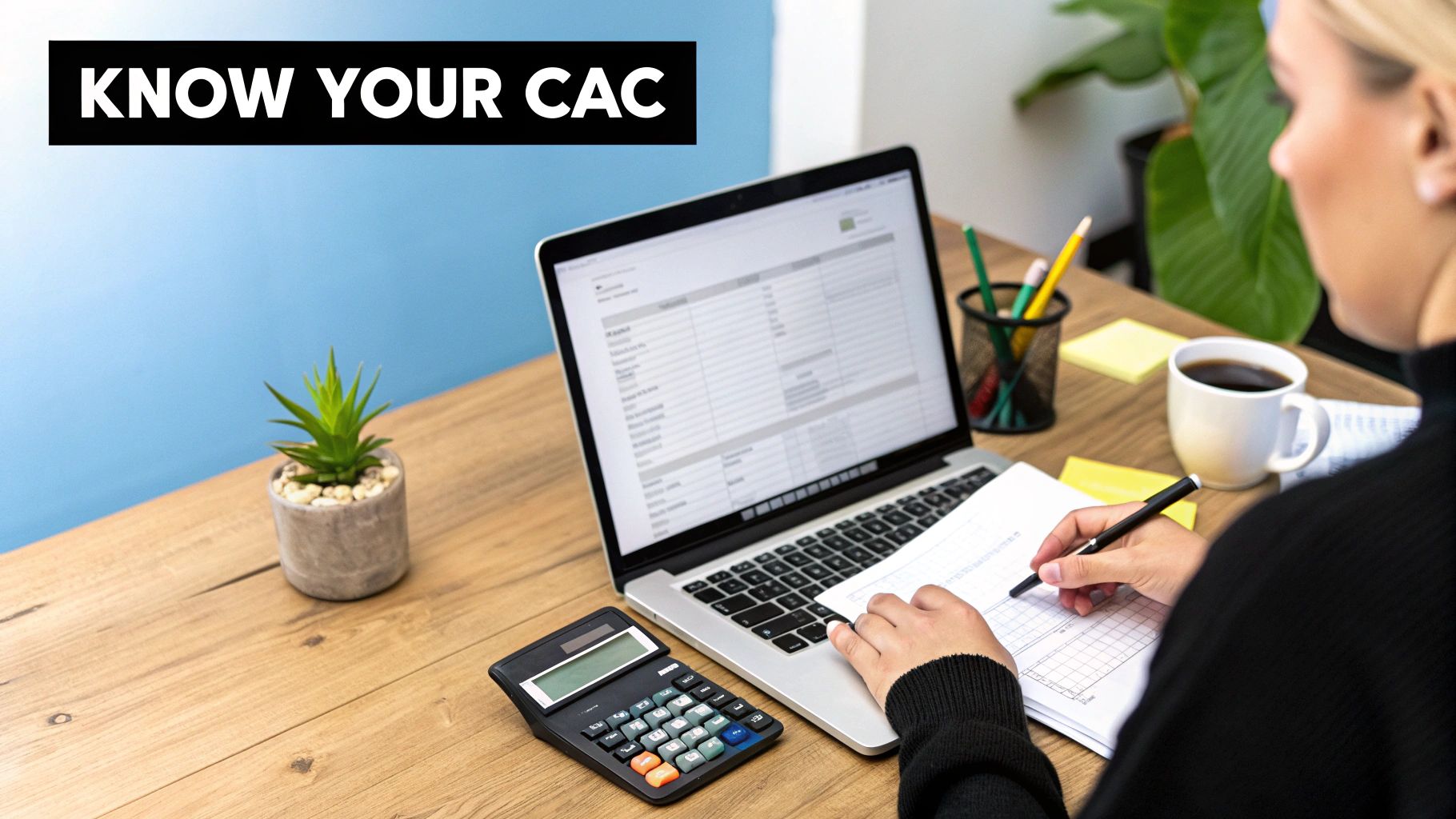 A person calculates customer acquisition cost (CAC) on a laptop with a calculator and notes.