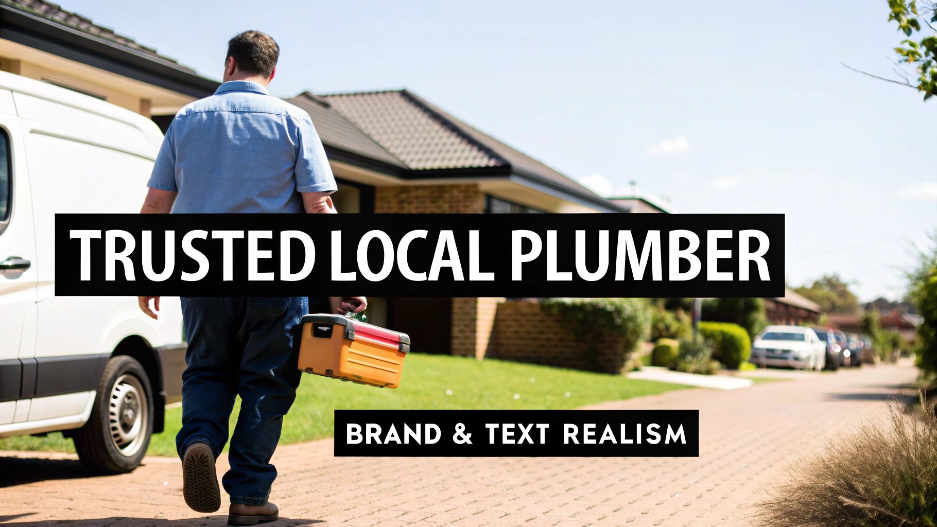A male plumber walking away from a white van towards suburban houses, carrying an orange toolbox.