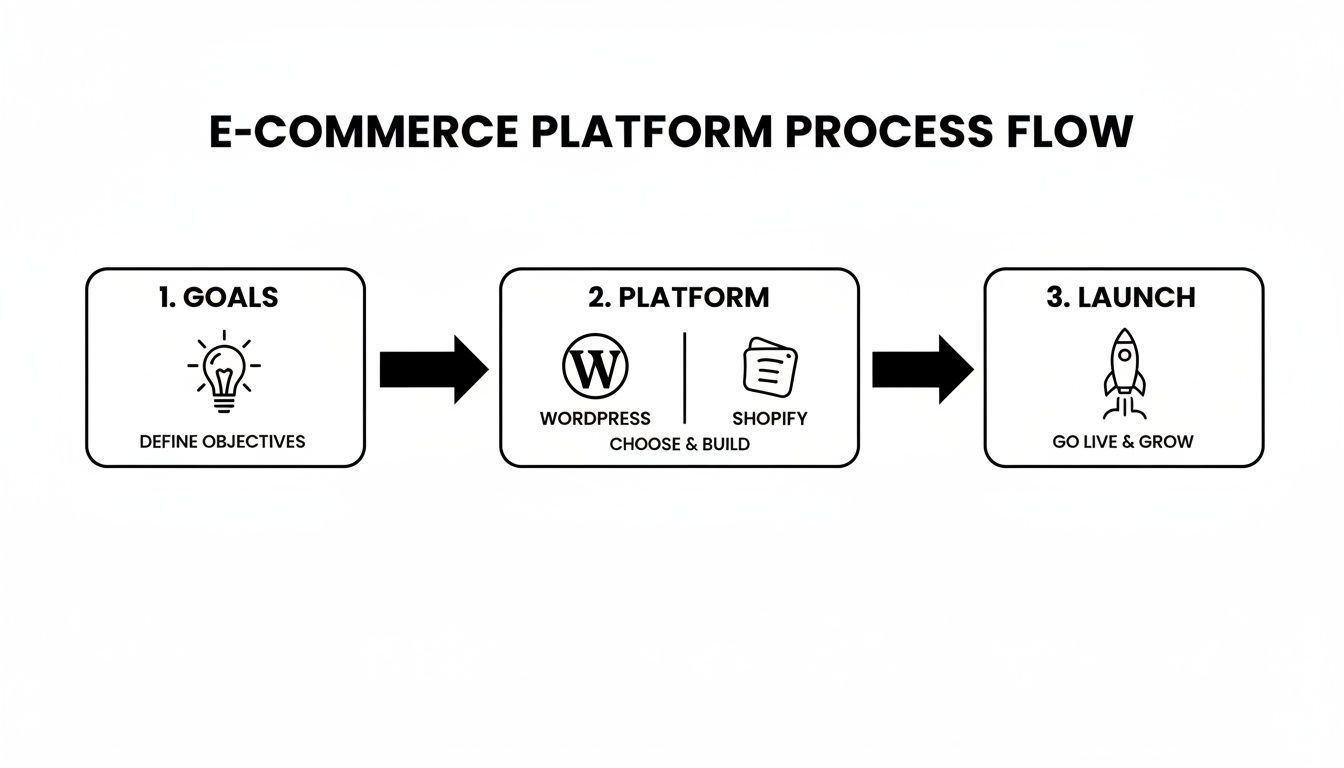E-commerce platform process flow diagram detailing steps from defining goals to launching an online store.