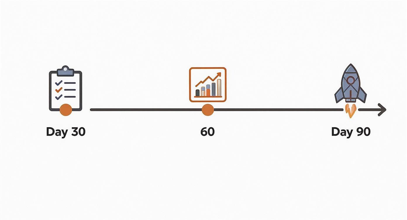 A 90-day project timeline showing a checklist, growth chart, and rocket launch milestones.
