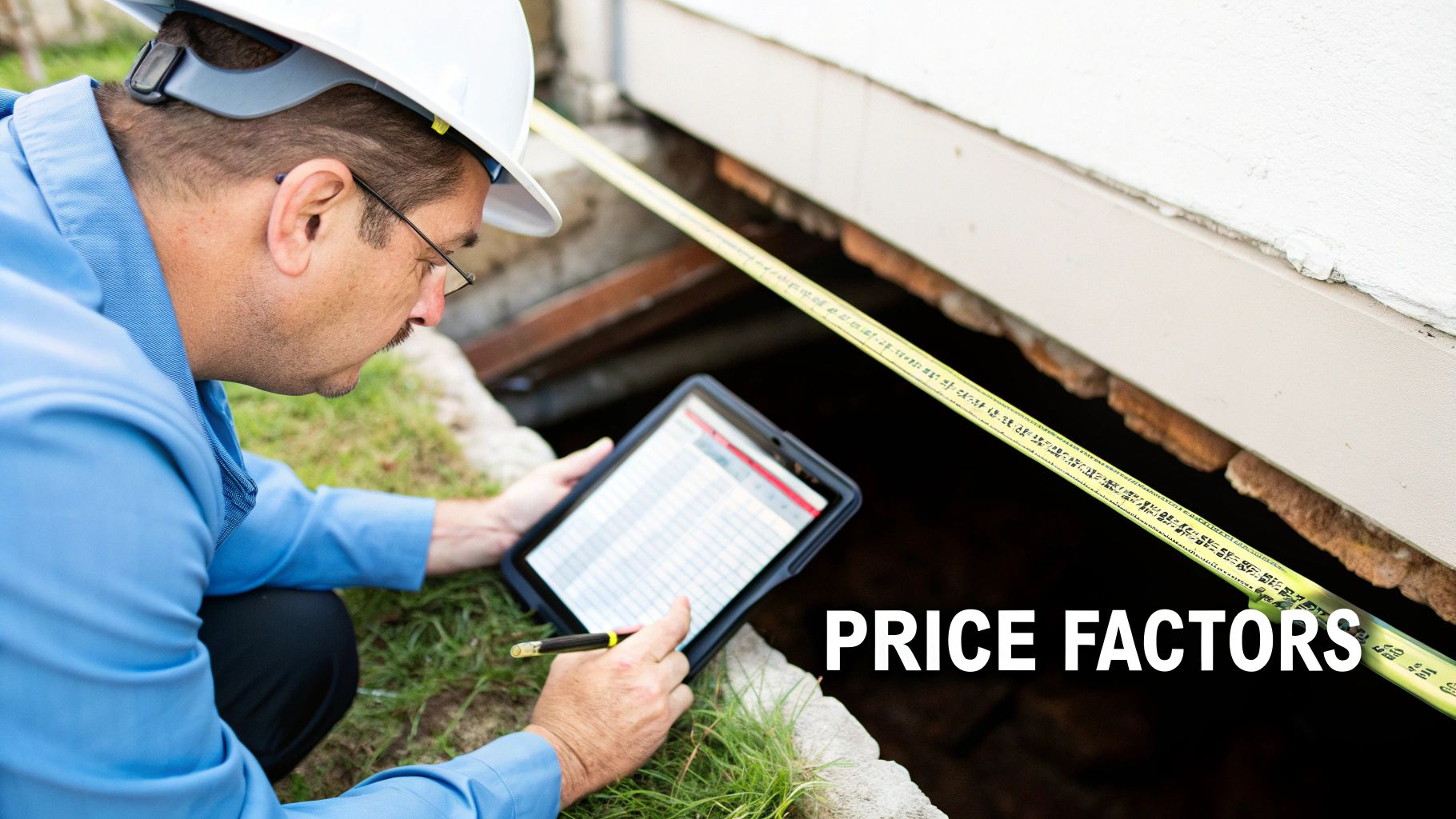 A worker in a hard hat measures and records data on a tablet during a home foundation inspection.