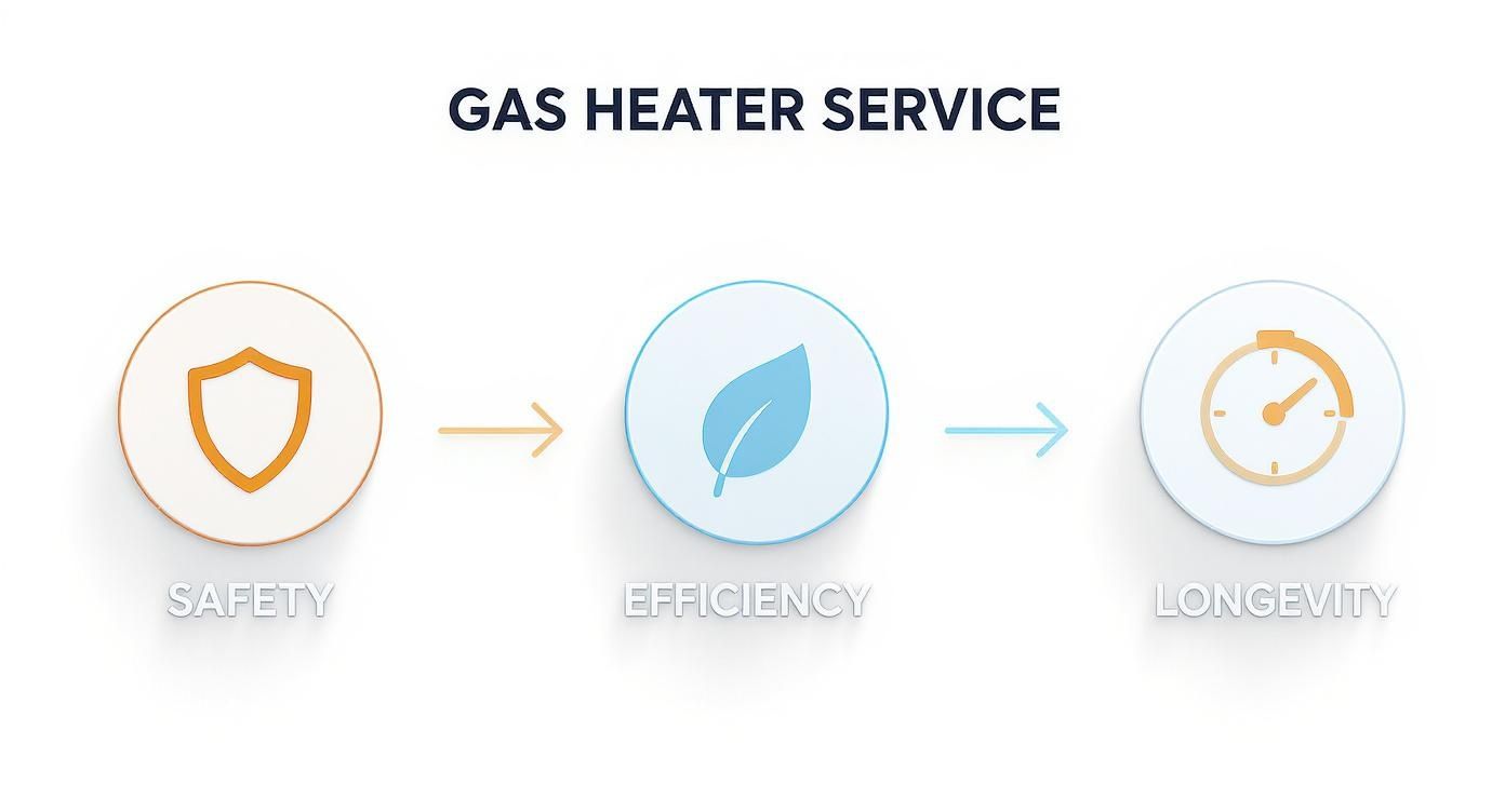 Diagram illustrating gas heater service benefits: safety, efficiency, and longevity with icons.